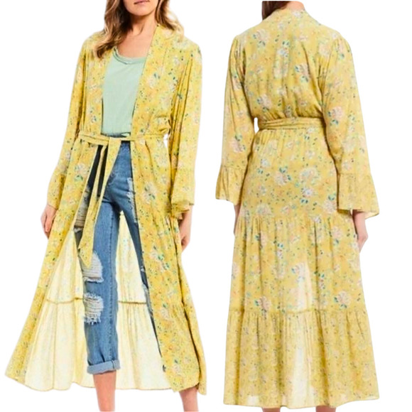Chelsea & Violet Other - Chelsea & Violet NWT Floral Print Yellow Flowing Dusty Citron Duster Kimono Med